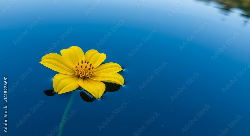 Yellow Flower Floating on Blue Water - A single yellow flower floats serenely on a calm blue water surface. Perfect for peaceful, nature-themed designs