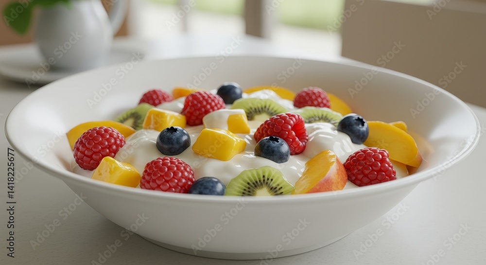 Yogurt Parfait with Fresh Fruit - A delightful bowl of creamy yogurt topped with fresh raspberries, blueberries, kiwi, and mango. Perfect for a healthy and delicious breakfast or snack