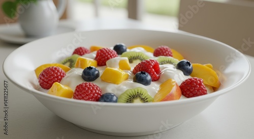 Obraz na płótnie Yogurt Parfait with Fresh Fruit - A delightful bowl of creamy yogurt topped with fresh raspberries, blueberries, kiwi, and mango. Perfect for a healthy and delicious breakfast or snack w salonie
