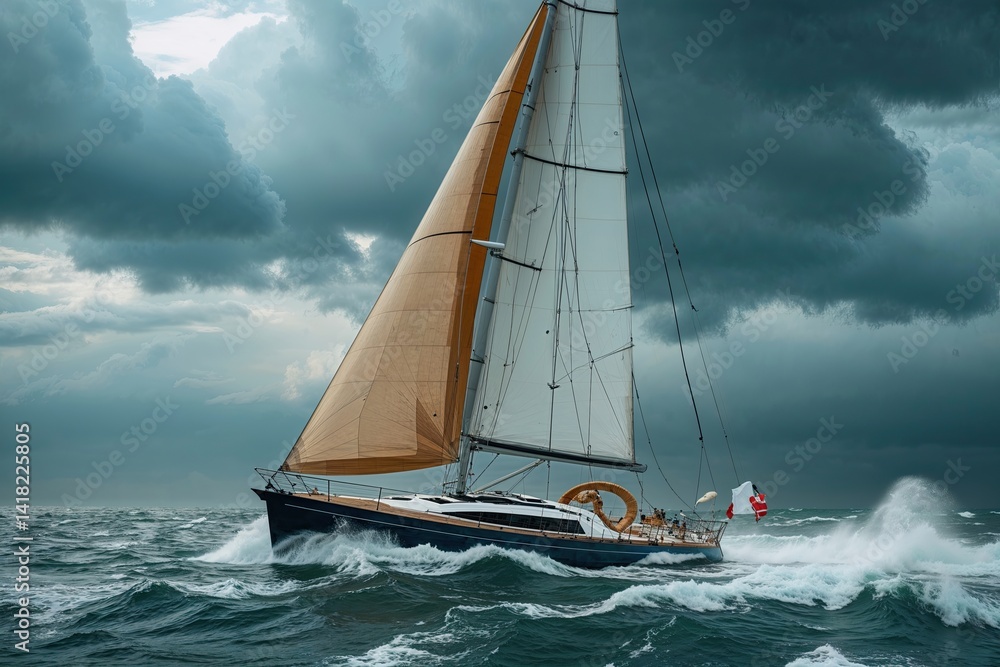 Naklejka premium Sailboat Facing Turbulent Storms in Economic Crisis and Global Financial Chaos
