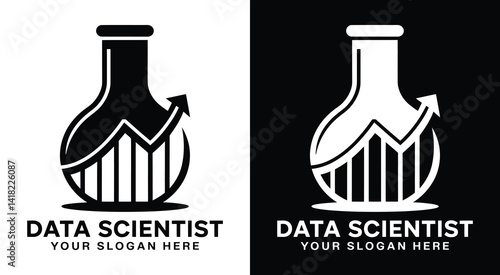 Scientific flask and chart logo for data scientists and analysts representing research breakthroughs and data-driven discoveries