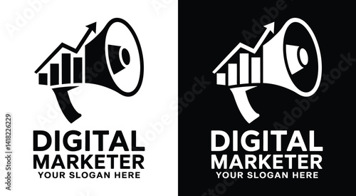 Dynamic megaphone and graph logo for digital marketers representing amplified messaging and measurable audience growth