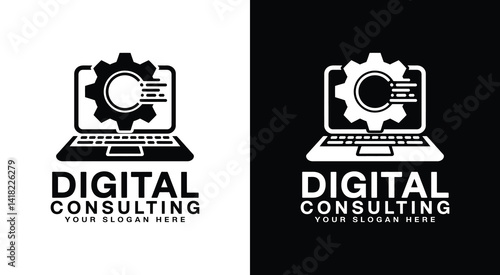 Bold black logo featuring a laptop and gear icon ideal for digital transformation consultants tech strategy firms and innovation-focused service providers