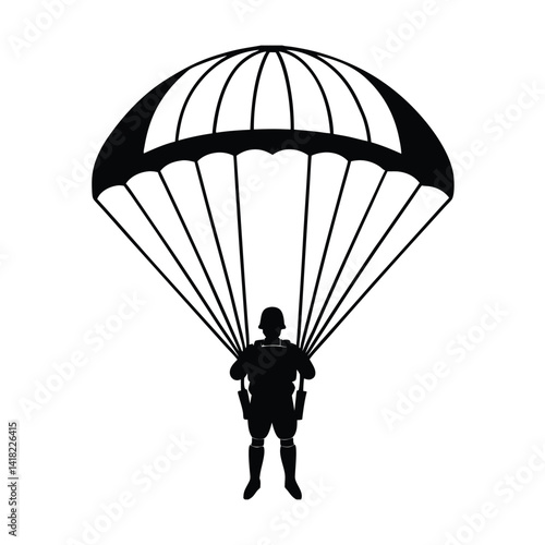 Silhouette Of A Paratrooper Descending With A Parachute On A White Background Illustrating Military Airborne Operations