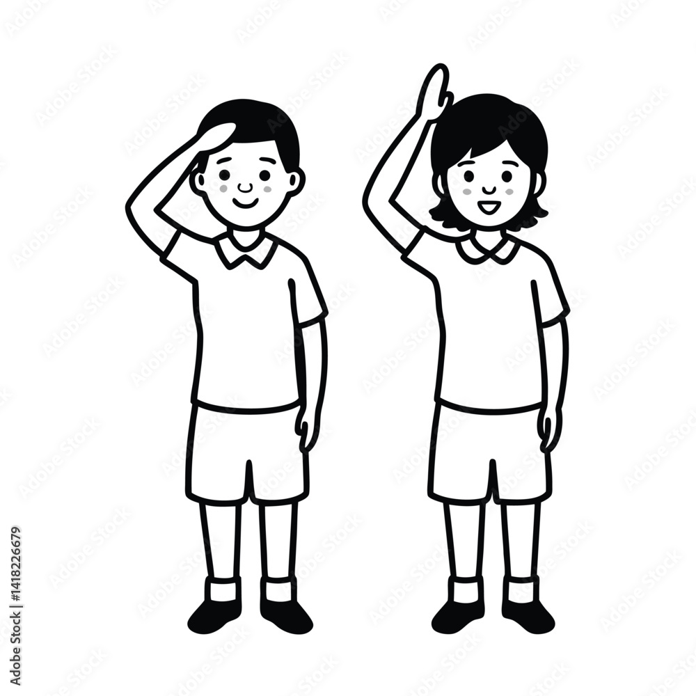 Cartoon Boy And Girl Line Art Illustration Students Giving A Salute Hand Gesture Vector Art Cartoon Boy And Girl Line Art Illustration Students Giving A Salute Hand Gesture Vector Art