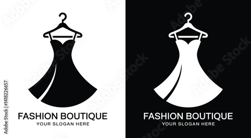 Chic hanger and dress logo for fashion boutiques and clothing stores representing curated style and on-trend wardrobe selections