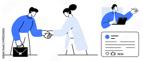 Business professionals shaking hands, individual working remotely on tablet, and social media interface with thumbs ups and comments. Ideal for teamwork, networking, remote work, leadership