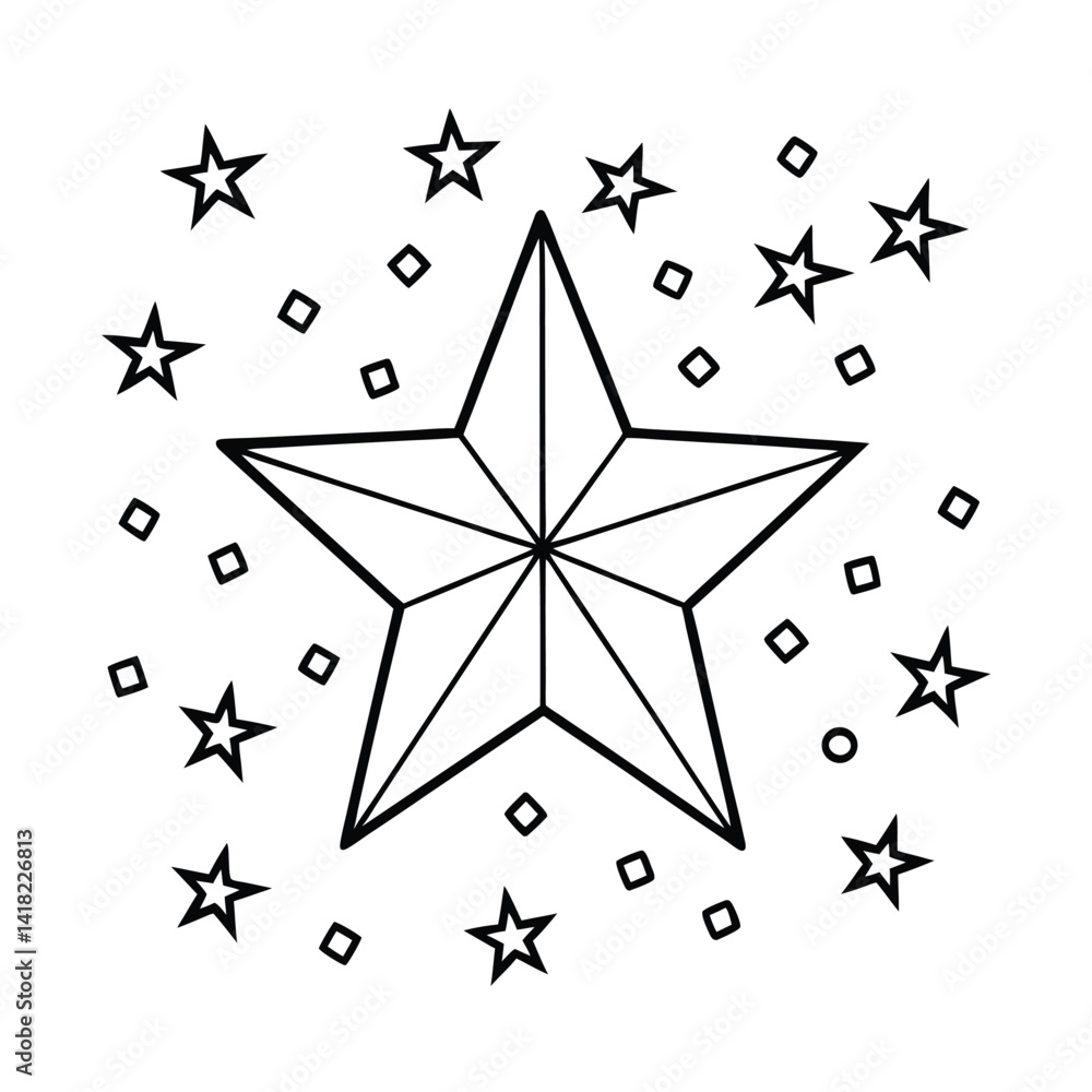 Fototapeta premium Starry Night Black And White Line Art With Geometric Shapes For Coloring Pages And Designs