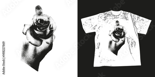 Trendy retro photocopy stipple t-shirt print design. Middle finger gesture and rose with grunge punk dotted grain gritty texture. Halftone vector illustration for street wear, sweatshirt, hoodie