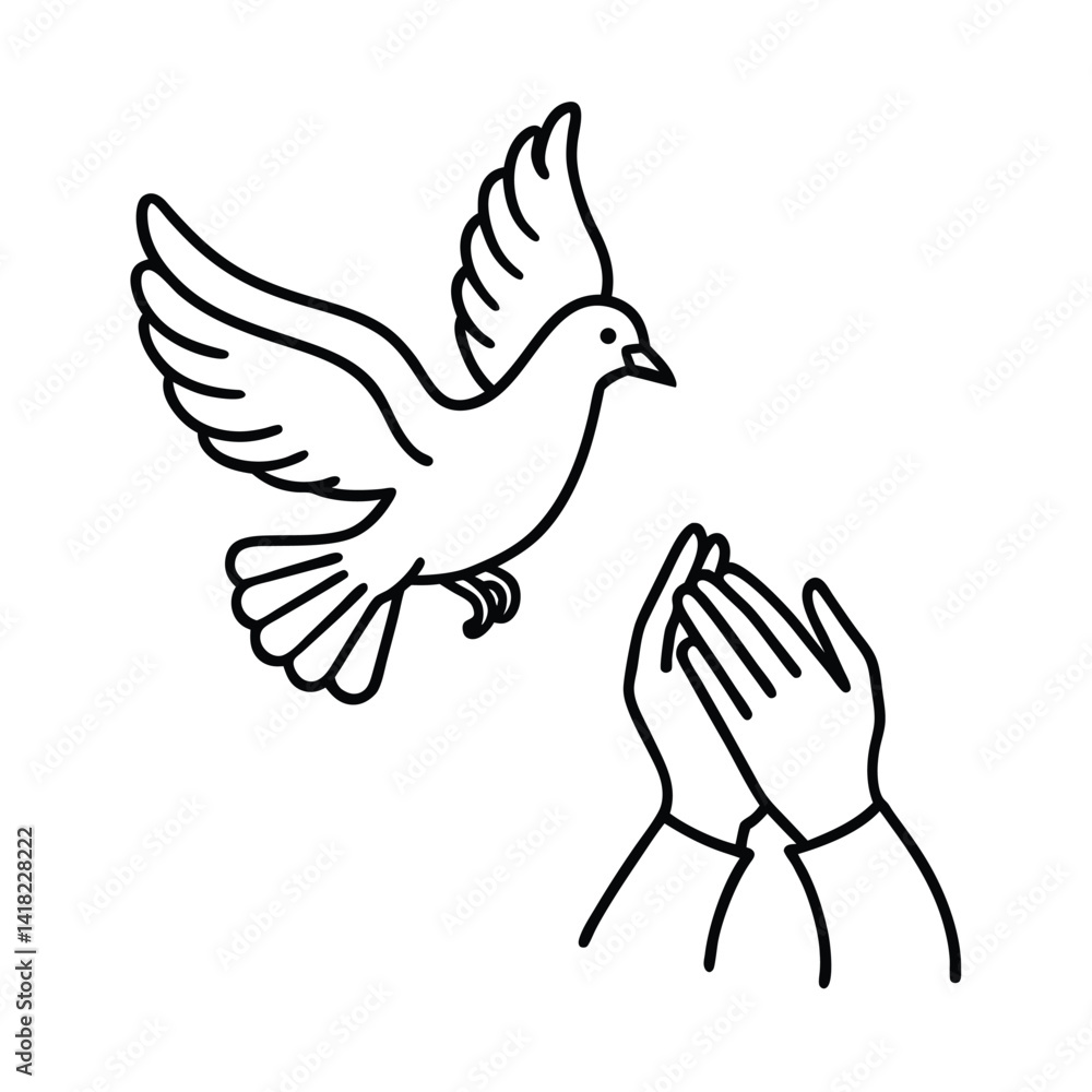 Obraz premium Dove Flying Towards Open Hands Outline Symbolizing Peace Hope And Freedom Conceptual Vector Illustration Graphic Design Isolated On White