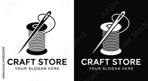 Creative needle and spool logo for craft stores and sewing enthusiasts representing handmade quality and artistic supplies