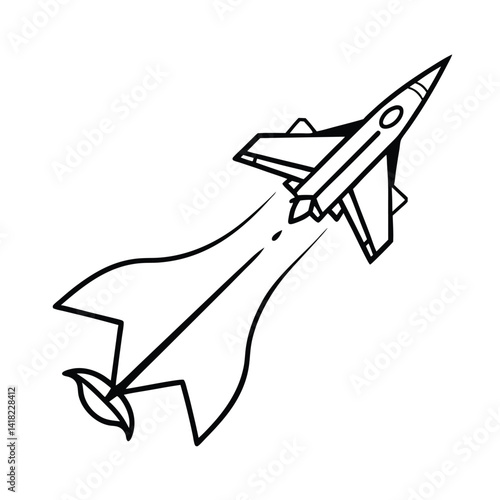 Outlined Modern Airplane Taking Off With Dynamic Smoke Trail On White Background Design Element