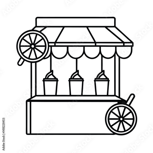 Minimalist Outline Illustration Of Ice Cream Cart With Wheels And Three Cups Of Ice Cream