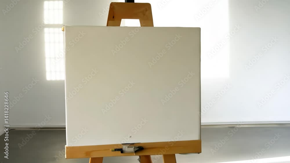 Blank Canvas on Easel in Empty Art Studio Zooming In Blank Canvas on Easel in Empty Art Studio Zooming In