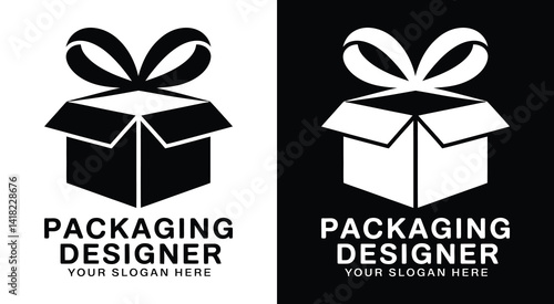 Bold black logo with a box and bow element ideal for packaging designers gift wrap businesses and product branding professionals focused on premium presentation