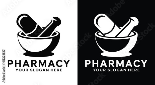Professional pill and mortar logo for pharmacies representing trusted medication care and wellness solutions