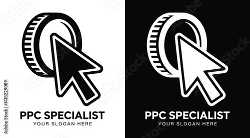 Modern cursor and coin logo for PPC specialists and ad managers representing profitable campaigns and click-driven marketing results