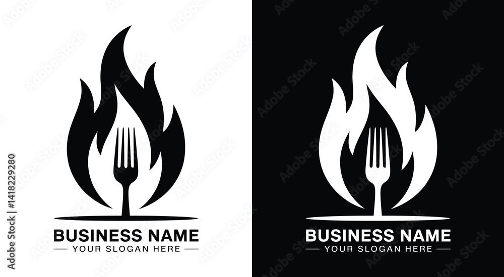 Dynamic fork and flame logo for restaurants and chefs representing cooking passion and gourmet presentation Dynamic fork and flame logo for restaurants and chefs representing cooking passion and gourmet presentation