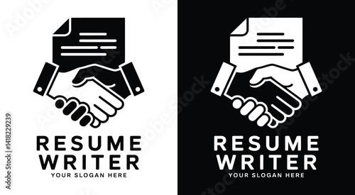 Professional document and handshake logo for resume writers and career coaches representing job search success and employment opportunities