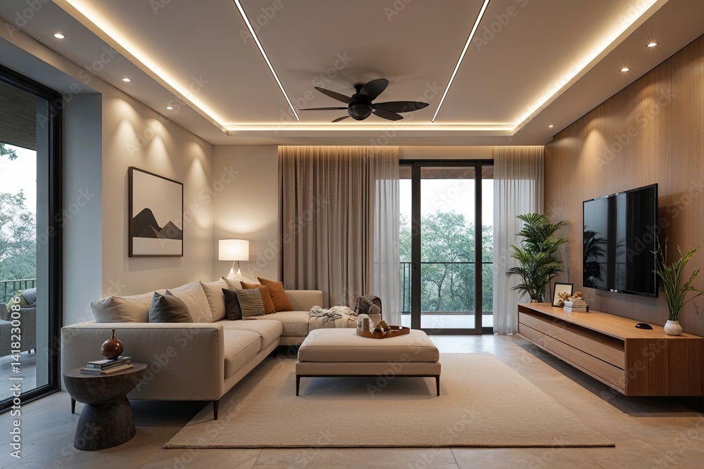 Fototapeta premium Contemporary Indoor Living Space Design Featuring Recessed Ceiling Lighting for a Warm Minimalist Atmosphere