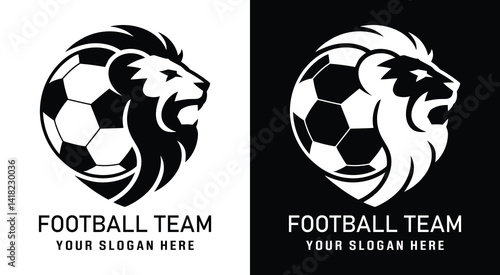 Fierce lion emblem logo for soccer clubs representing team pride and championship-winning performance on the pitch