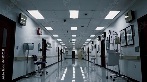 Eerie Hospital Corridor with Empty Chairs and Flourescent Lighting