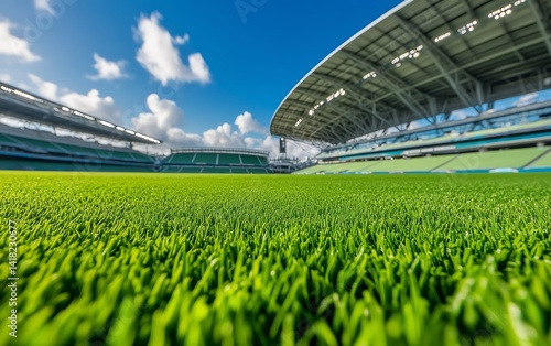Stunning Green Grass Field of a Modern Stadium Under a Clear Sky