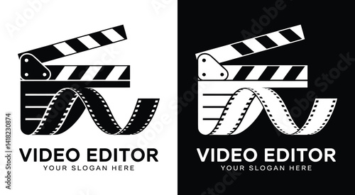 Professional clapper and film reel logo designed for video editors filmmakers and production studios perfect for cinematic branding and media projects