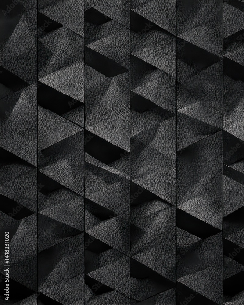 Fototapeta premium Geometric texture. A dark, contemporary geometric design featuring a repeating pattern of folded triangles, creating a modern textured surface.