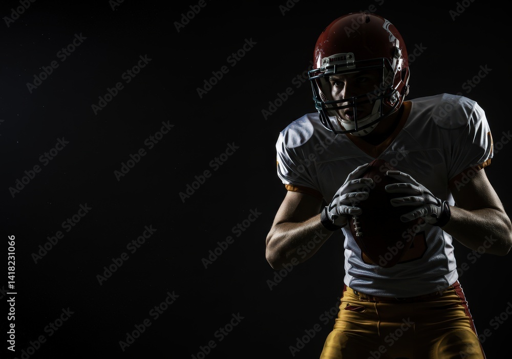 Caucasian man, american football player, in uniform and helmet, holding ball against dark background for sport, game, competition concept. Caucasian man, american football player, in uniform and helmet, holding ball against dark background for sport, game, competition concept.