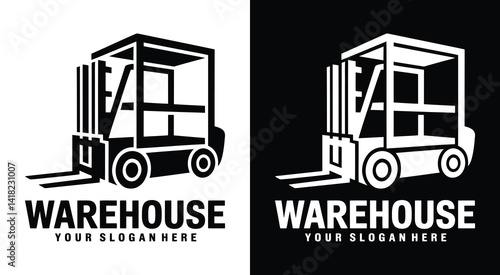 Industrial shelf and forklift logo for warehouses representing efficient inventory management and bulk storage operations