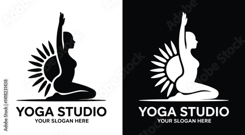 Serene yoga pose and sun logo representing holistic wellness and mindful movement for all practice levels
