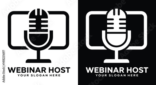 Professional microphone and screen logo for webinar hosts and online educators representing engaging virtual presentations and interactive sessions