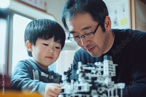 
Japanese boy building a robot at home with his dad
