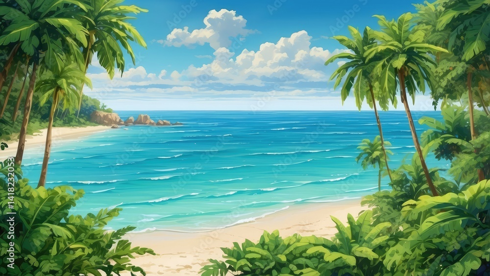 Fototapeta premium Aerial view of a tropical beach with soft golden sand meeting a clear turquoise sea.