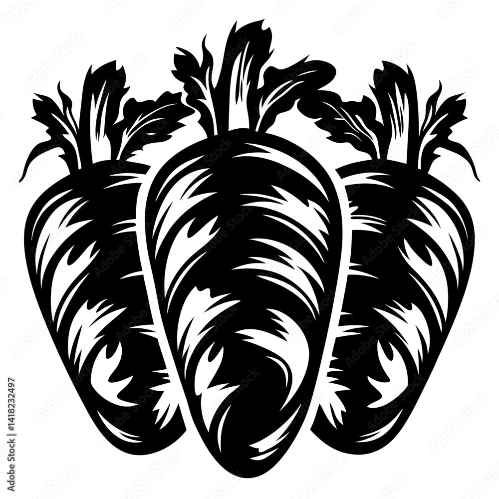 Obraz premium Abstract Vector Illustration of Three Root Vegetables with Leafy Tops