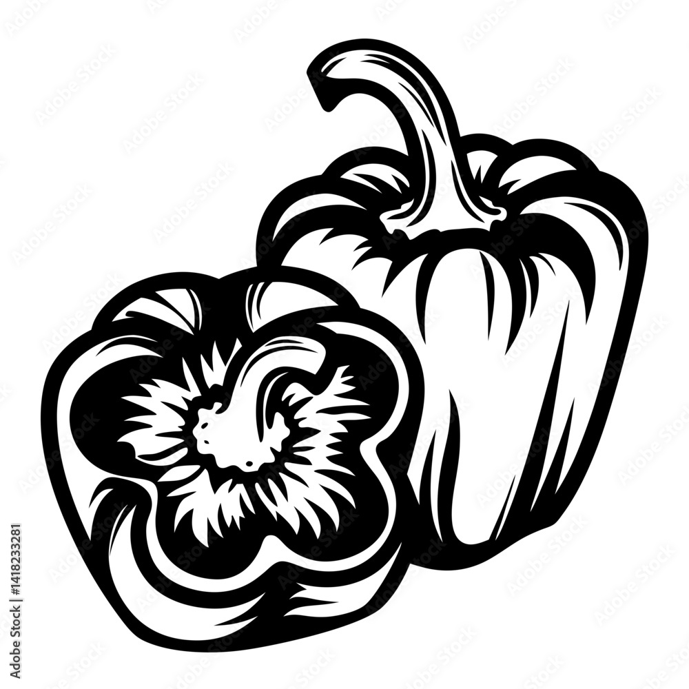 Monochrome illustration of two peppers one whole and one sliced in half Monochrome illustration of two peppers one whole and one sliced in half