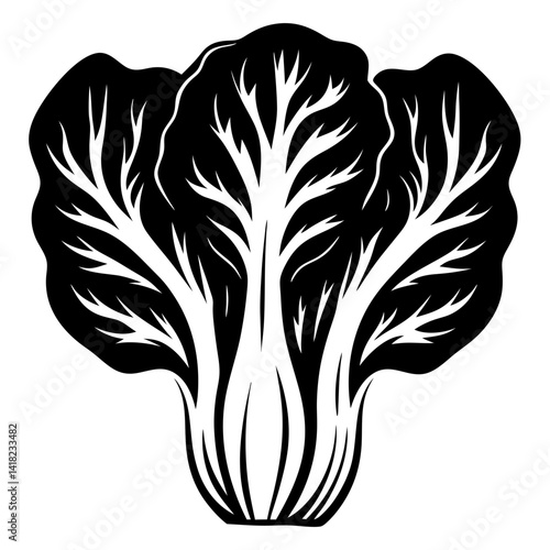 Stylized black and white depiction of a bok choy plant in silhouette