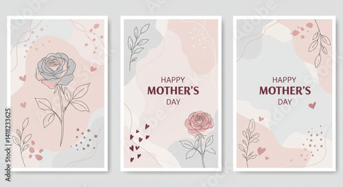Minimalist Mother's Day card set with rose and abstract shapes – modern vector design