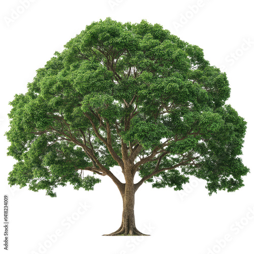 A majestic, ancient oak tree stands tall against a bright white background, showcasing its lush green canopy and strong, textured trunk.