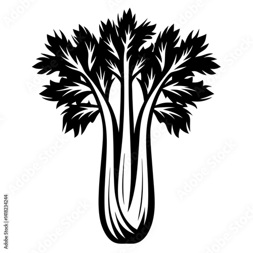 Striking black and white illustration of fresh celery with bold leafy top