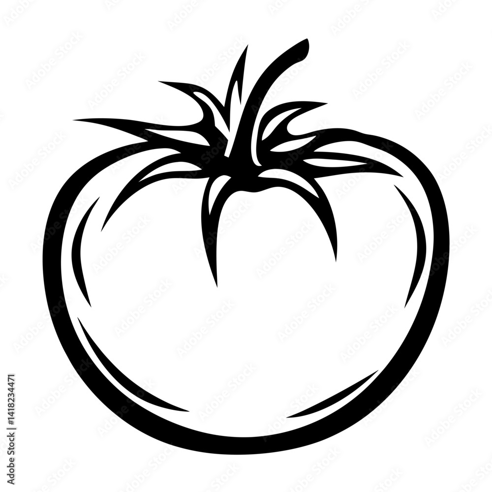Abstract Single Line Drawing of a Tomato with Stem and Sepals Abstract Single Line Drawing of a Tomato with Stem and Sepals