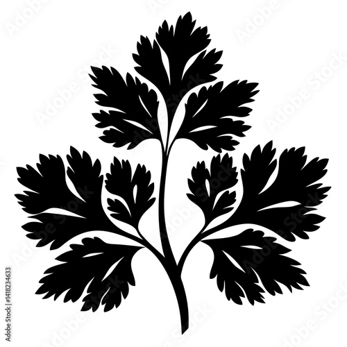 Stylized Cilantro Sprig in Black Silhouette on a White Background Design