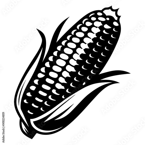 Bold Monochrome Corn on the Cob Illustration with Husk and Kernels