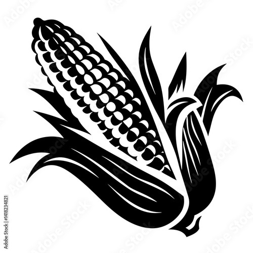 Elegant monochrome illustration of an ear of corn with husks and kernels
