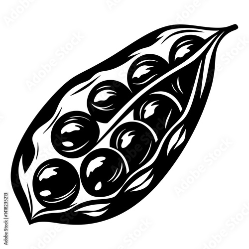 Monochrome image of an open pea pod revealing the seeds inside