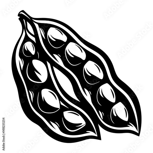 Monochrome illustration of two open pea pods with visible ripe peas