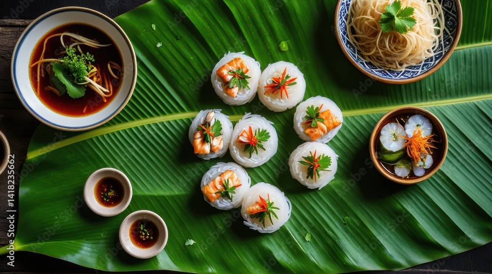 Fototapeta premium A beautifully arranged platter of Asian cuisine features sushi and shrimp on rice noodles, garnished with fresh herbs and surrounded by dipping sauces on banana leaves