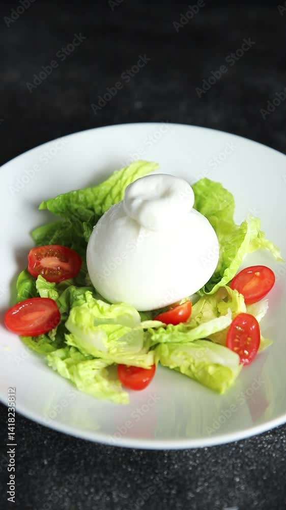 Burrata cheese salad buffalo milk cheese salad dish fresh delicious gourmet food background on the table rustic food top view copy space keto and paleo diet vegetarian Burrata cheese salad buffalo milk cheese salad dish fresh delicious gourmet food background on the table rustic food top view copy space keto and paleo diet vegetarian