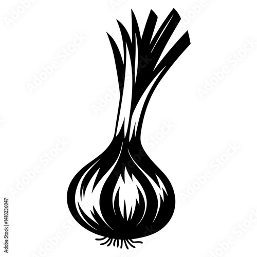 Monochrome Illustration of a Garlic Bulb with Stalks and Root Hairs